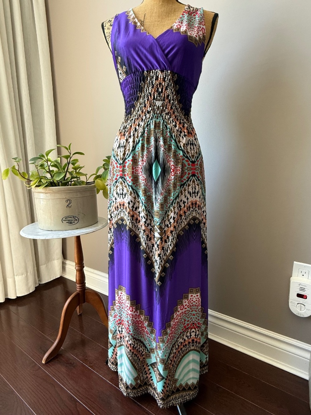 Colourful Boho Stretch Maxi Dress with Smocked Waist | Tribal Print | S-M no tag